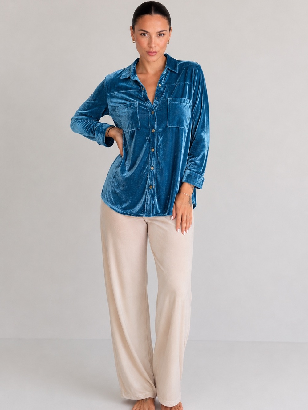 Umgee Blue Velvet Button Down Shirt Blouse Top Size Large